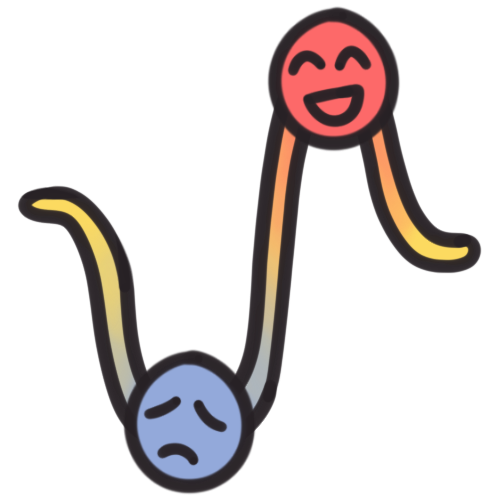 a wavy yellow line that dips down into a valley, and then up into a peak. it has a blue gradient originating from the lowest point of the valley, and a red gradient orginating from the highest point of the peak. there is a simple blue sad/tired face in the center of the valley, and a red happy/energized face in the center of the peak.